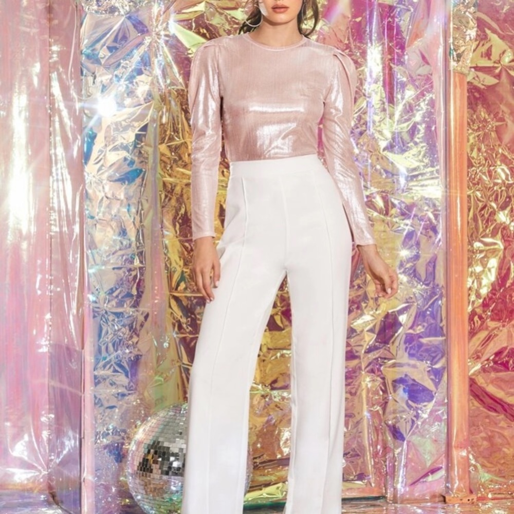 Puff Sleeve champagne Metallic Fitted Blouse - Picture 3 of 10